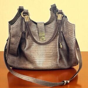 Brahmin Elisa Bag Sable Gold Satchel Purse 100% Cow Hide Leather Croc Embossed